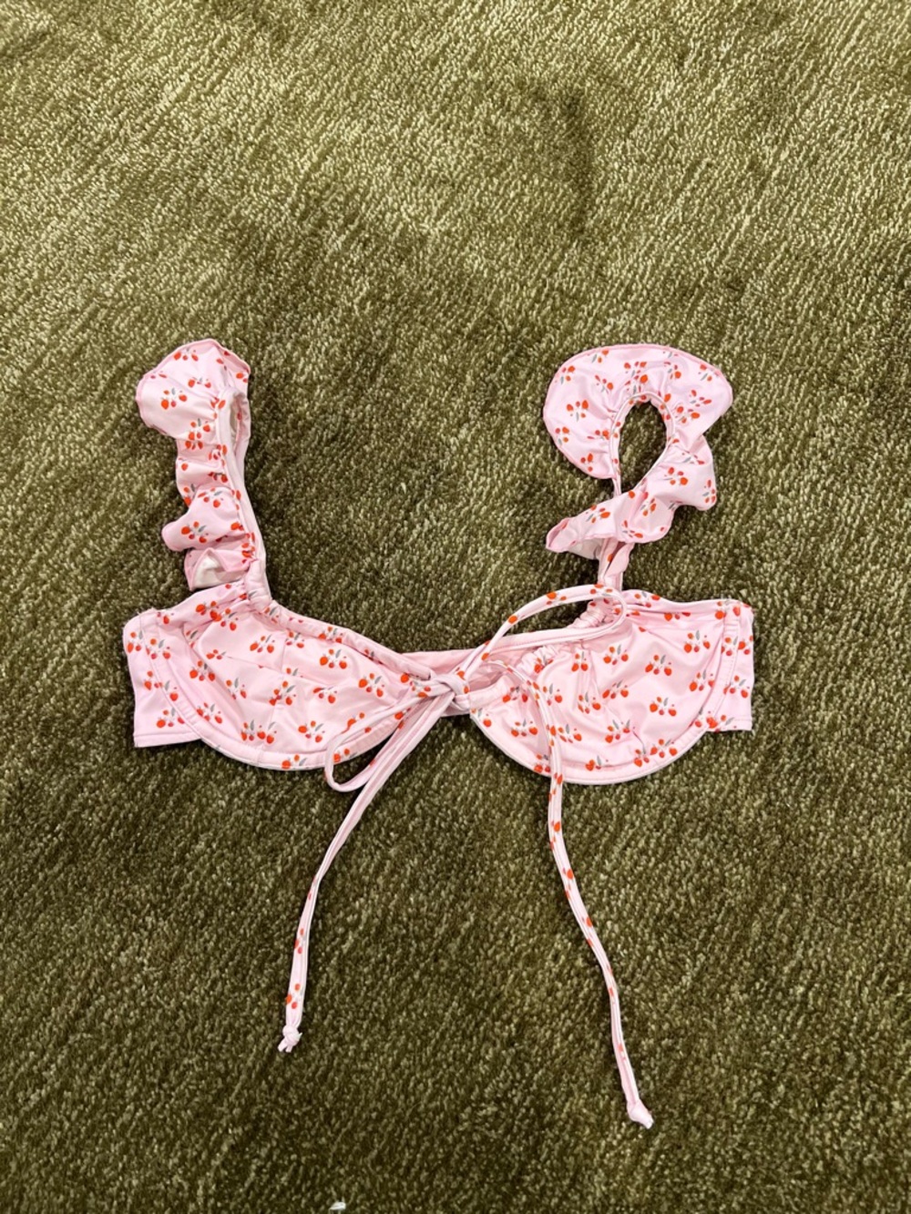 Frankie’s Bikinis Pink Cherry Print Ruffle Strap Bikini Top